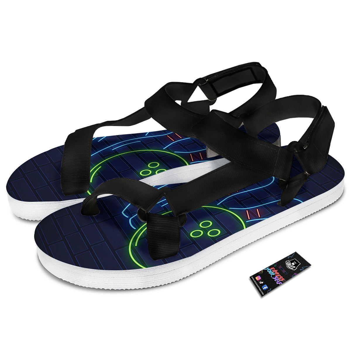 Light Up Bowling Pins Print Black Open Toe Sandals-grizzshop