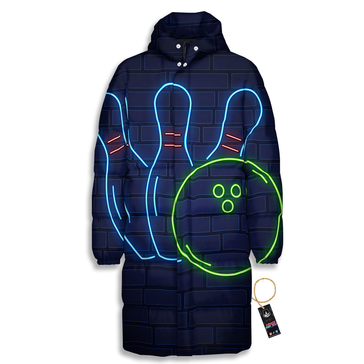 Light Up Bowling Pins Print Long Down Jacket-grizzshop