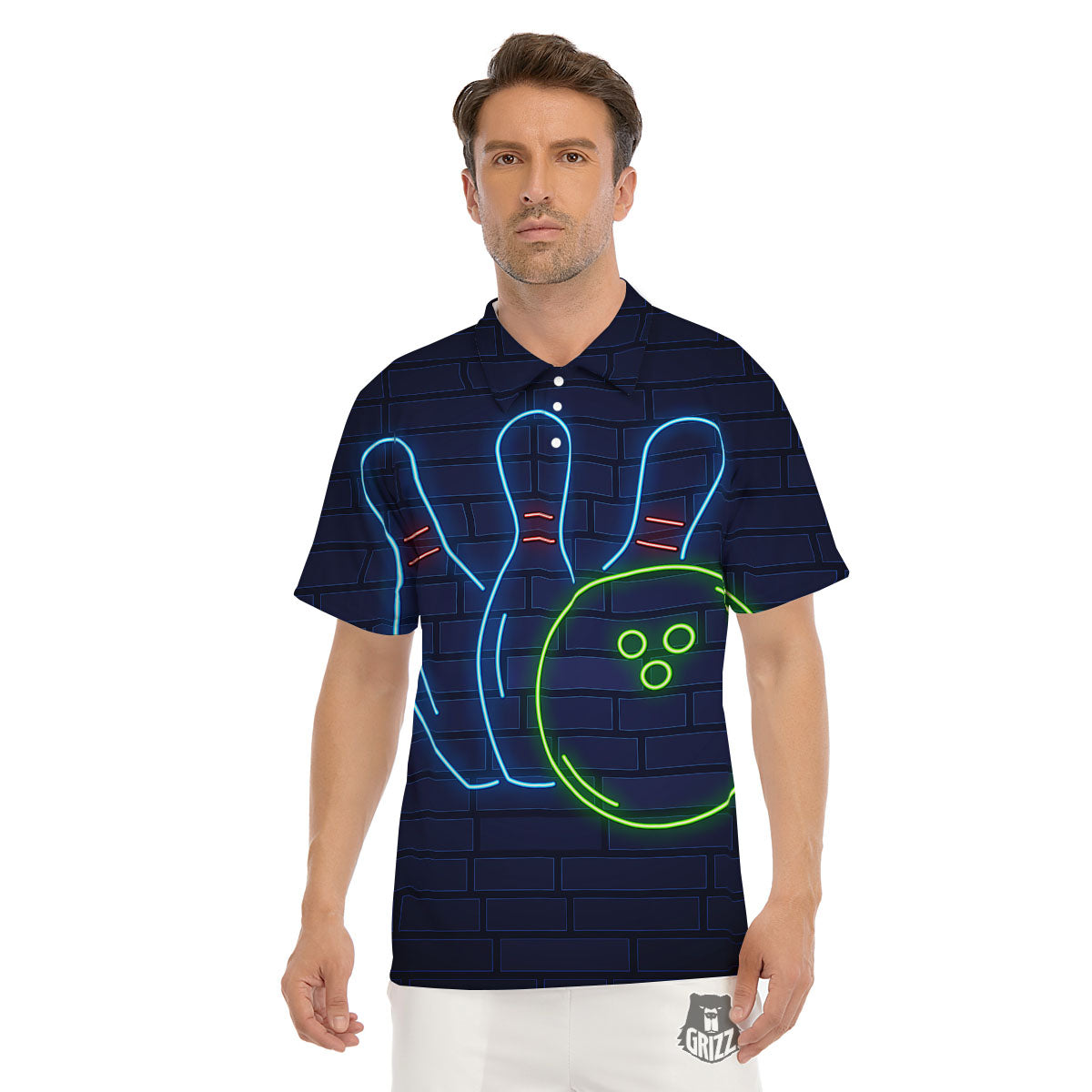 Light Up Bowling Pins Print Men's Golf Shirts-grizzshop