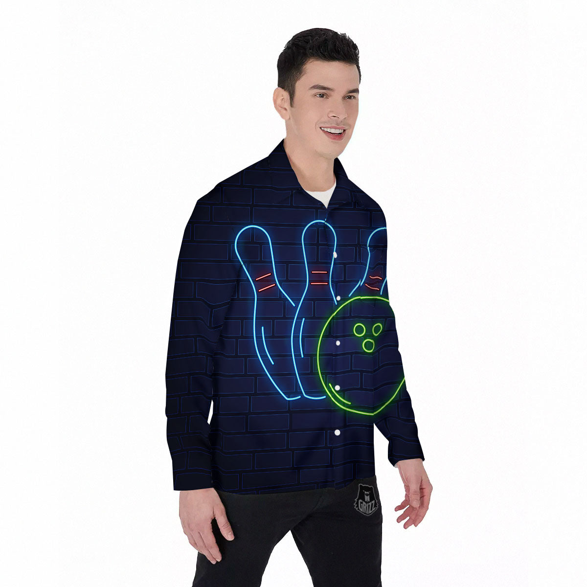 Light Up Bowling Pins Print Men's Long Sleeve Shirts-grizzshop