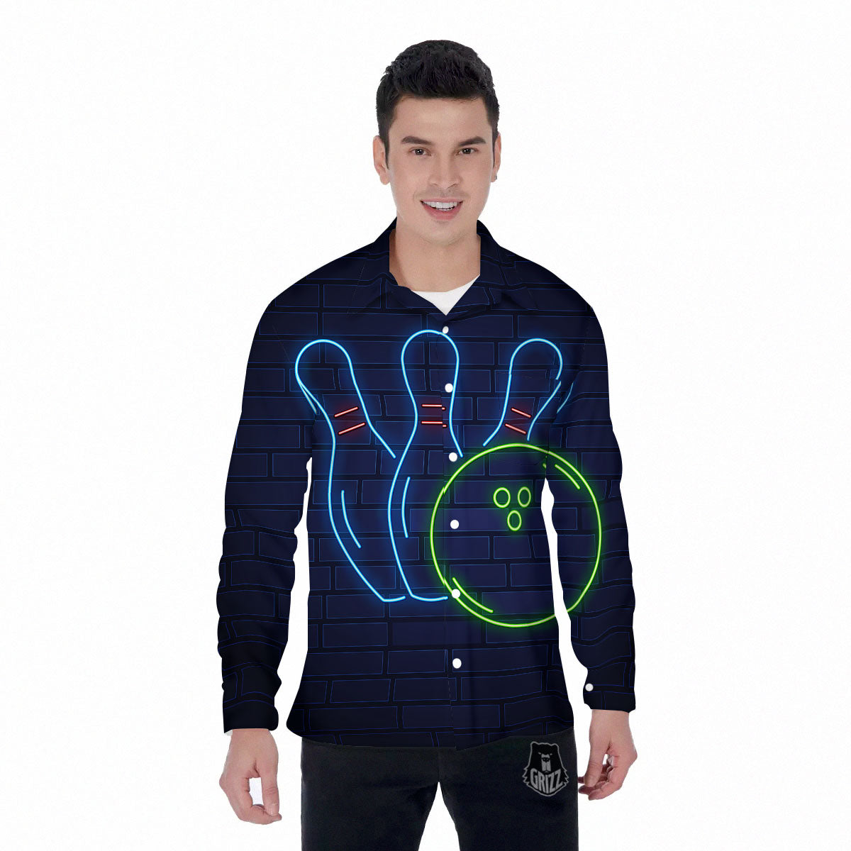 Light Up Bowling Pins Print Men's Long Sleeve Shirts-grizzshop