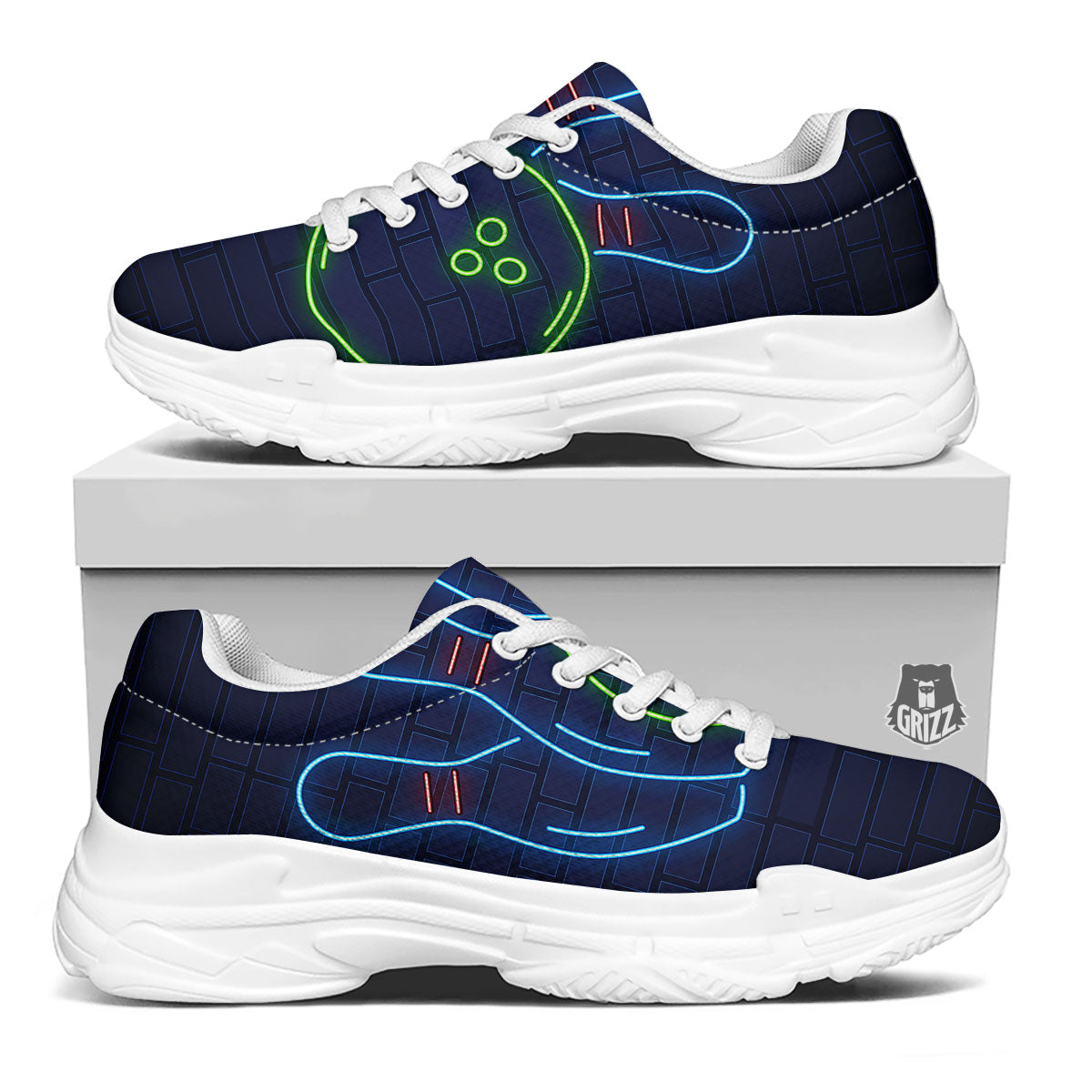 Light Up Bowling Pins Print White Chunky Shoes-grizzshop