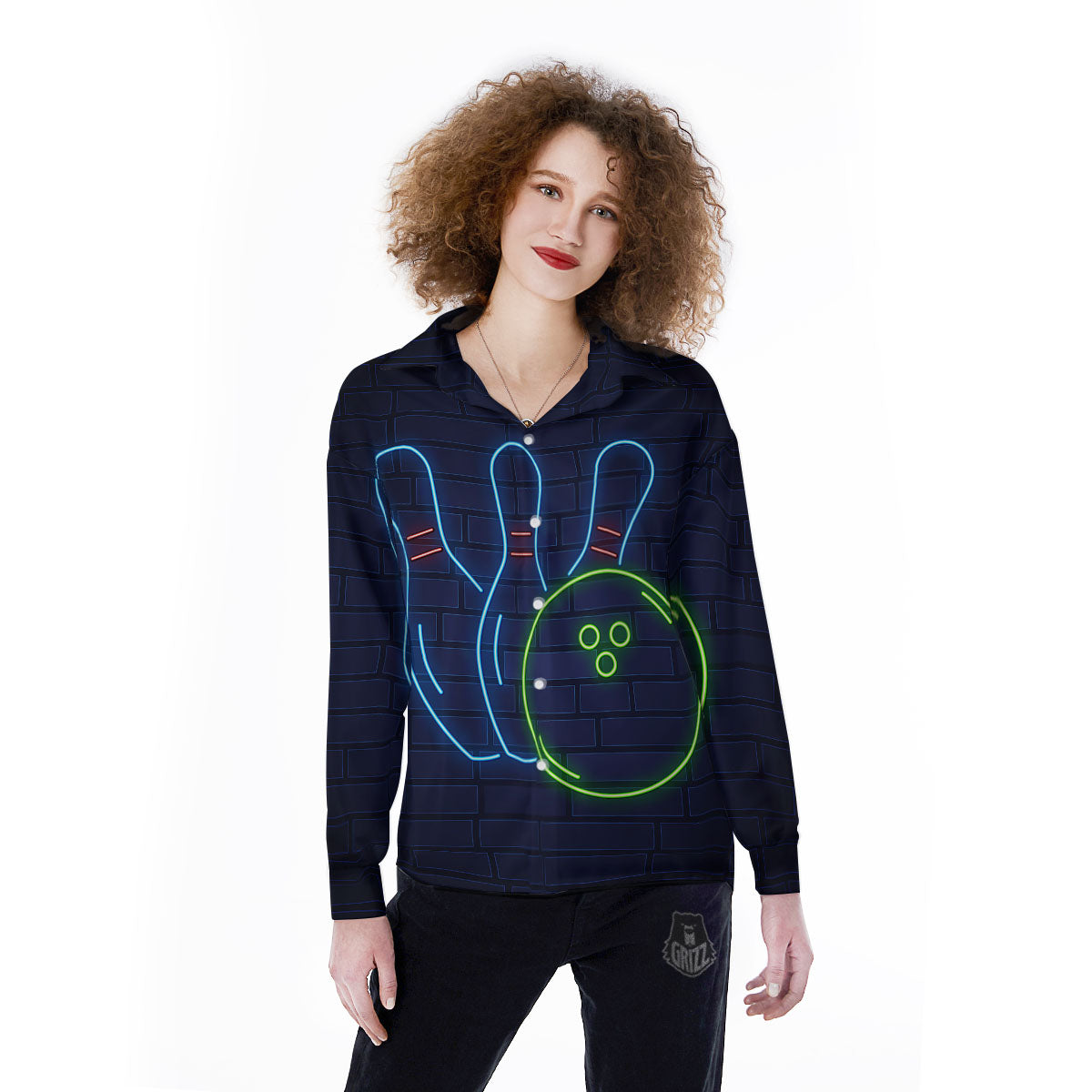 Light Up Bowling Pins Print Women's Long Sleeve Shirts-grizzshop