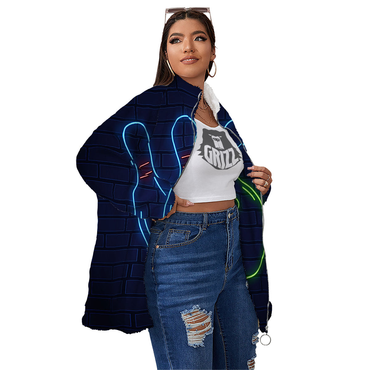 Light Up Bowling Pins Print Women's Sherpa Jacket-grizzshop