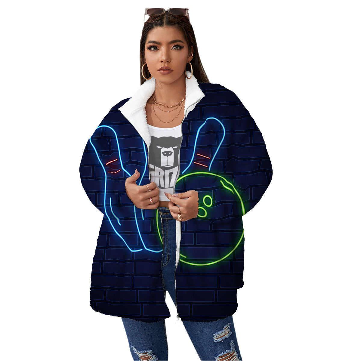 Light Up Bowling Pins Print Women's Sherpa Jacket-grizzshop
