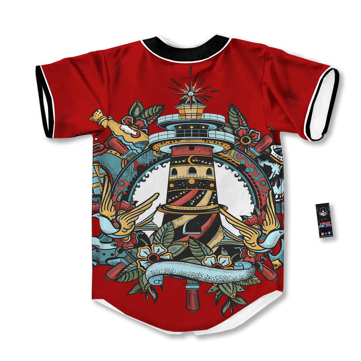 Lighthouse Sea Adventure Tattoo Print Baseball Jersey-grizzshop