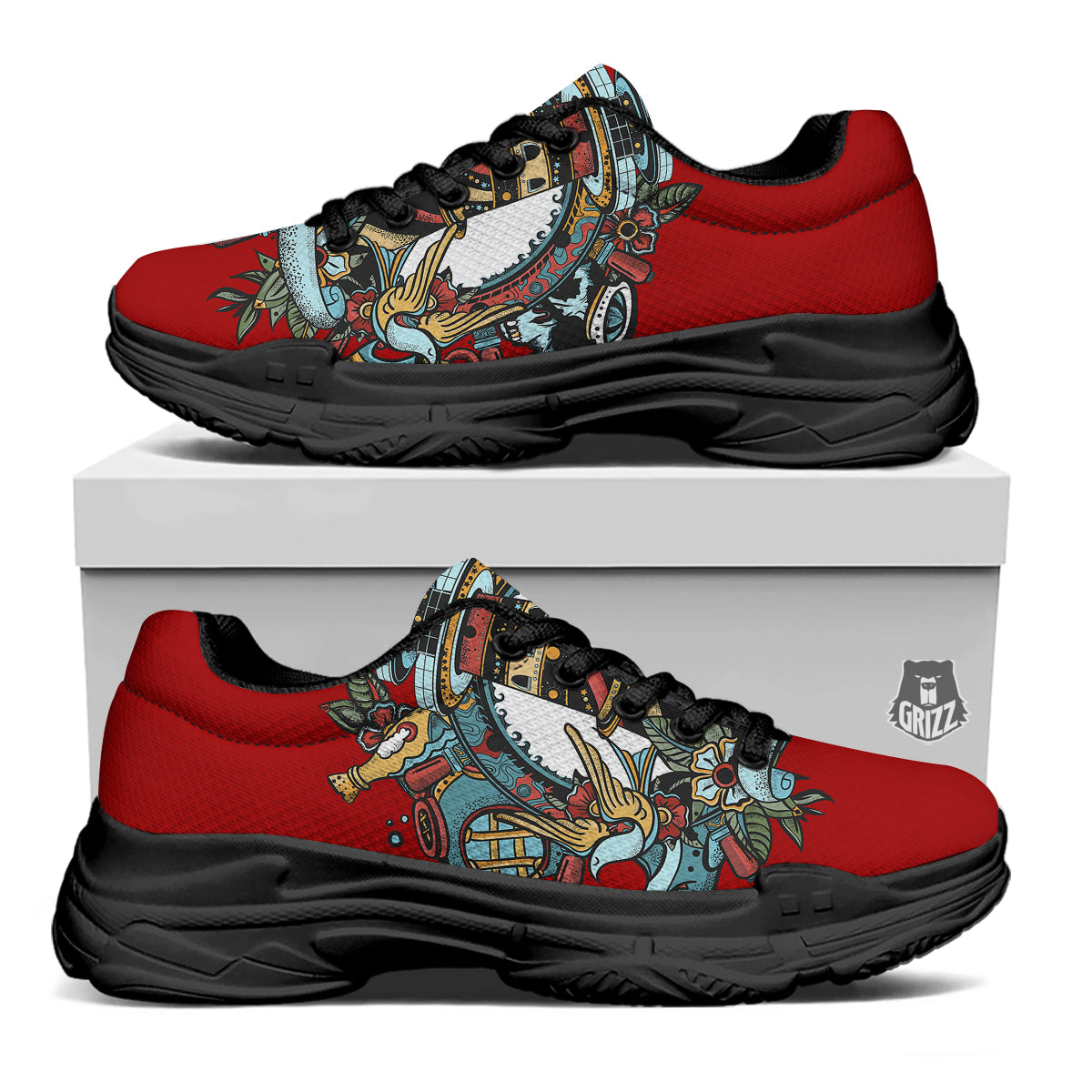 Lighthouse Sea Adventure Tattoo Print Black Chunky Shoes-grizzshop
