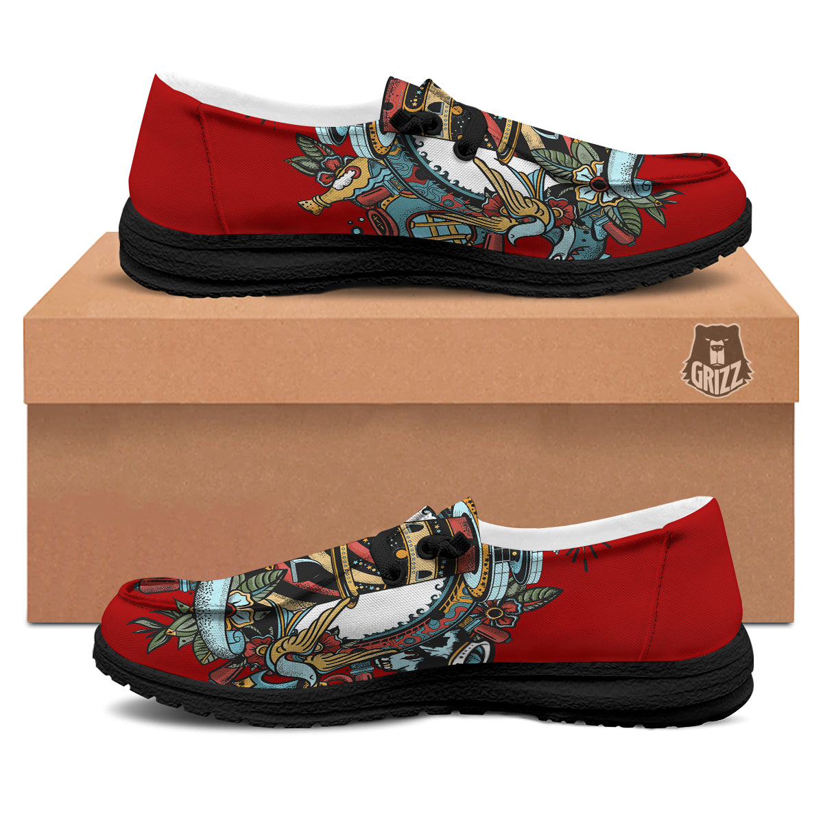 Lighthouse Sea Adventure Tattoo Print Black Loafers-grizzshop