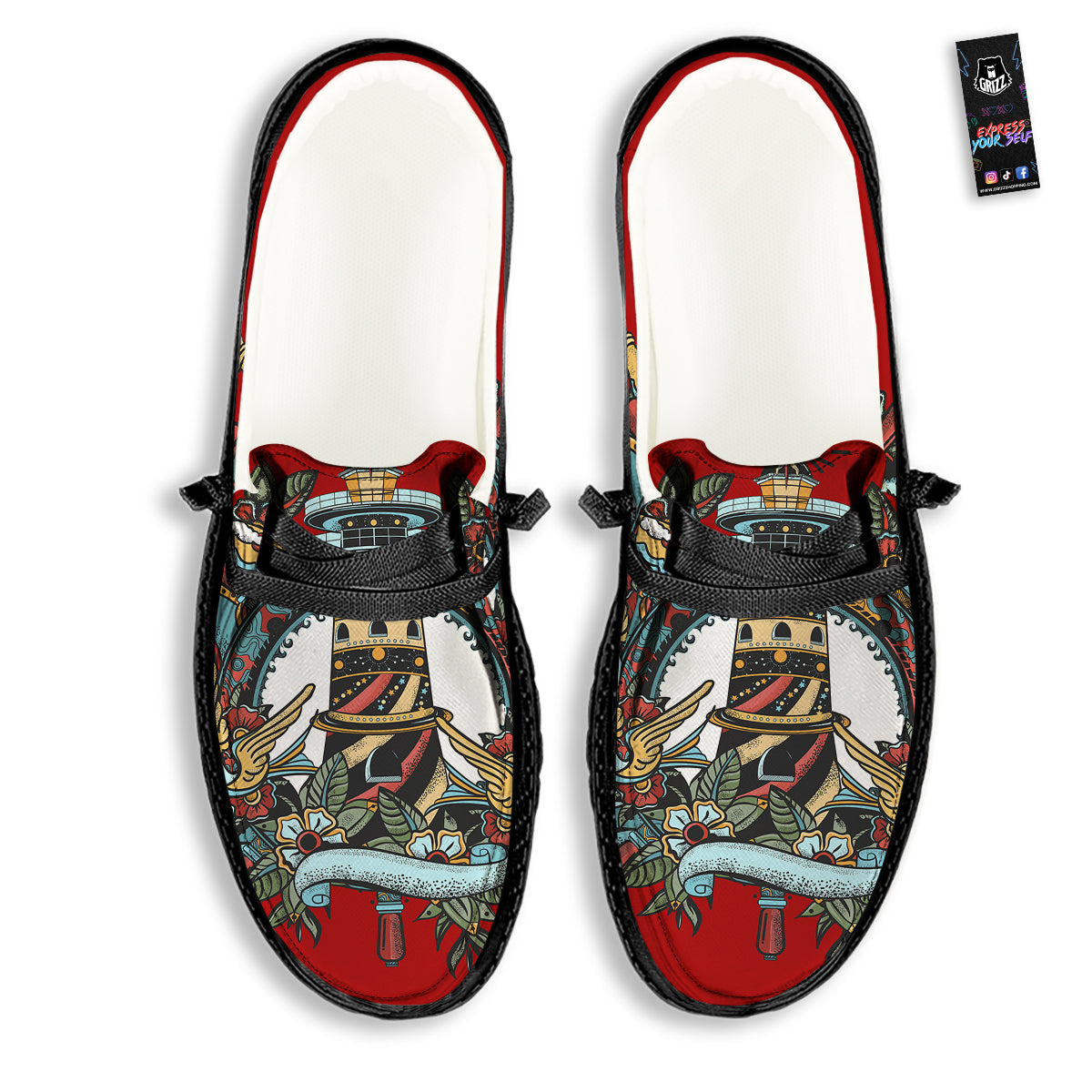 Lighthouse Sea Adventure Tattoo Print Black Loafers-grizzshop