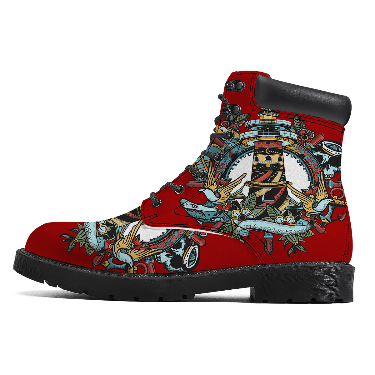 Lighthouse Sea Adventure Tattoo Print Boots-grizzshop