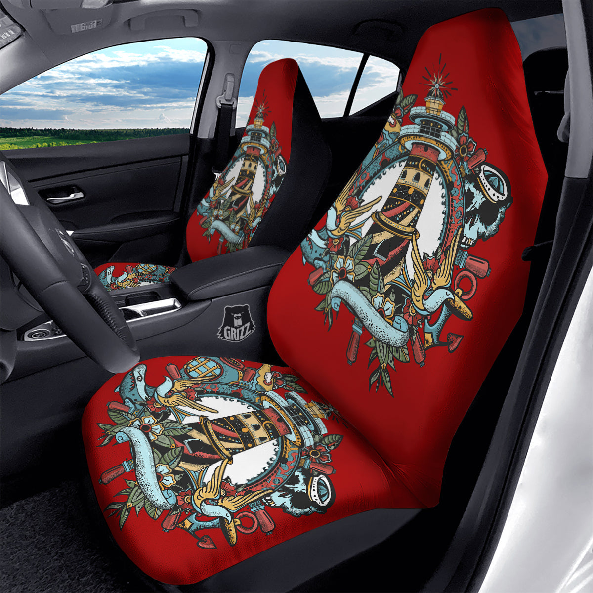 Lighthouse Sea Adventure Tattoo Print Car Seat Covers-grizzshop