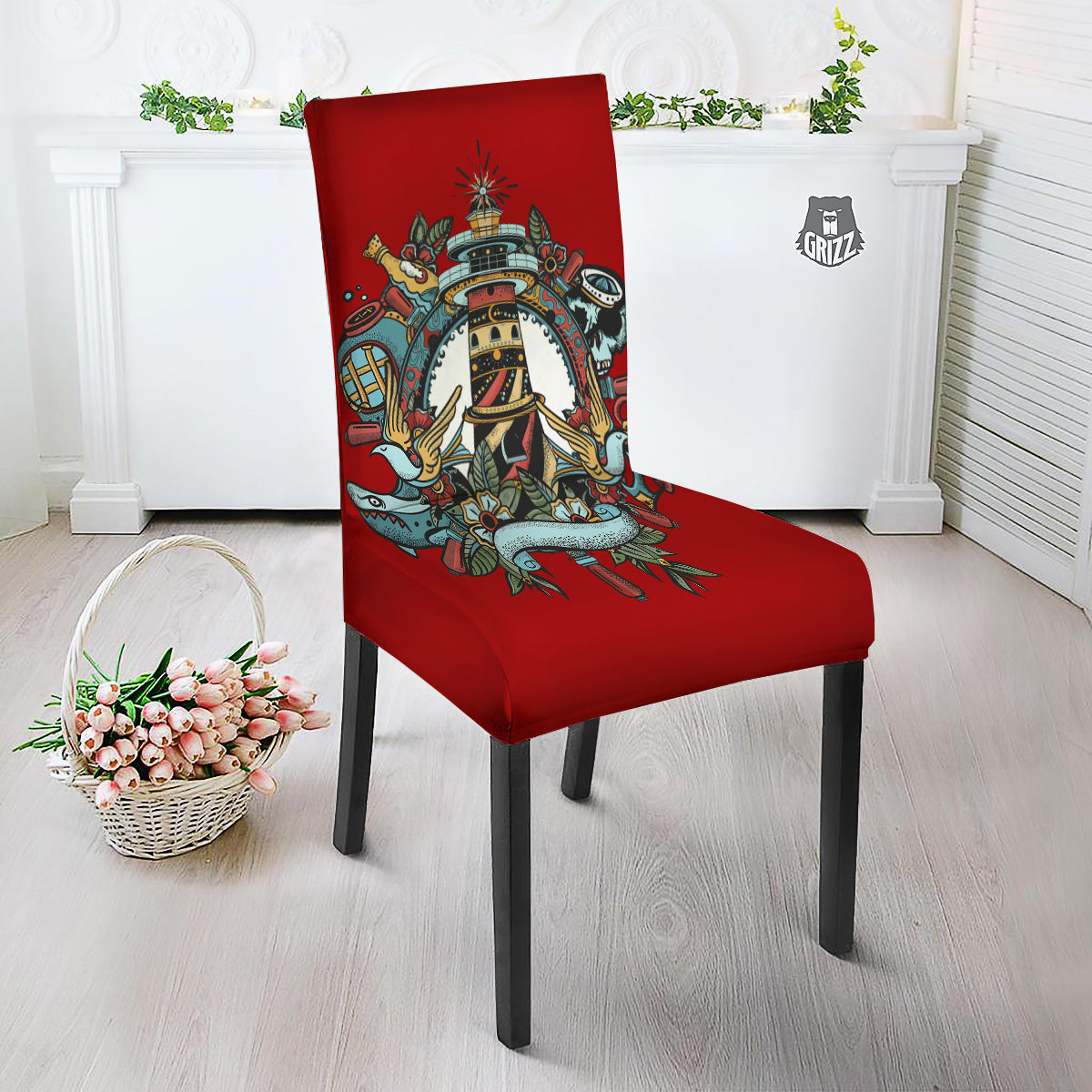 Lighthouse Sea Adventure Tattoo Print Dining Chair Slipcover-grizzshop