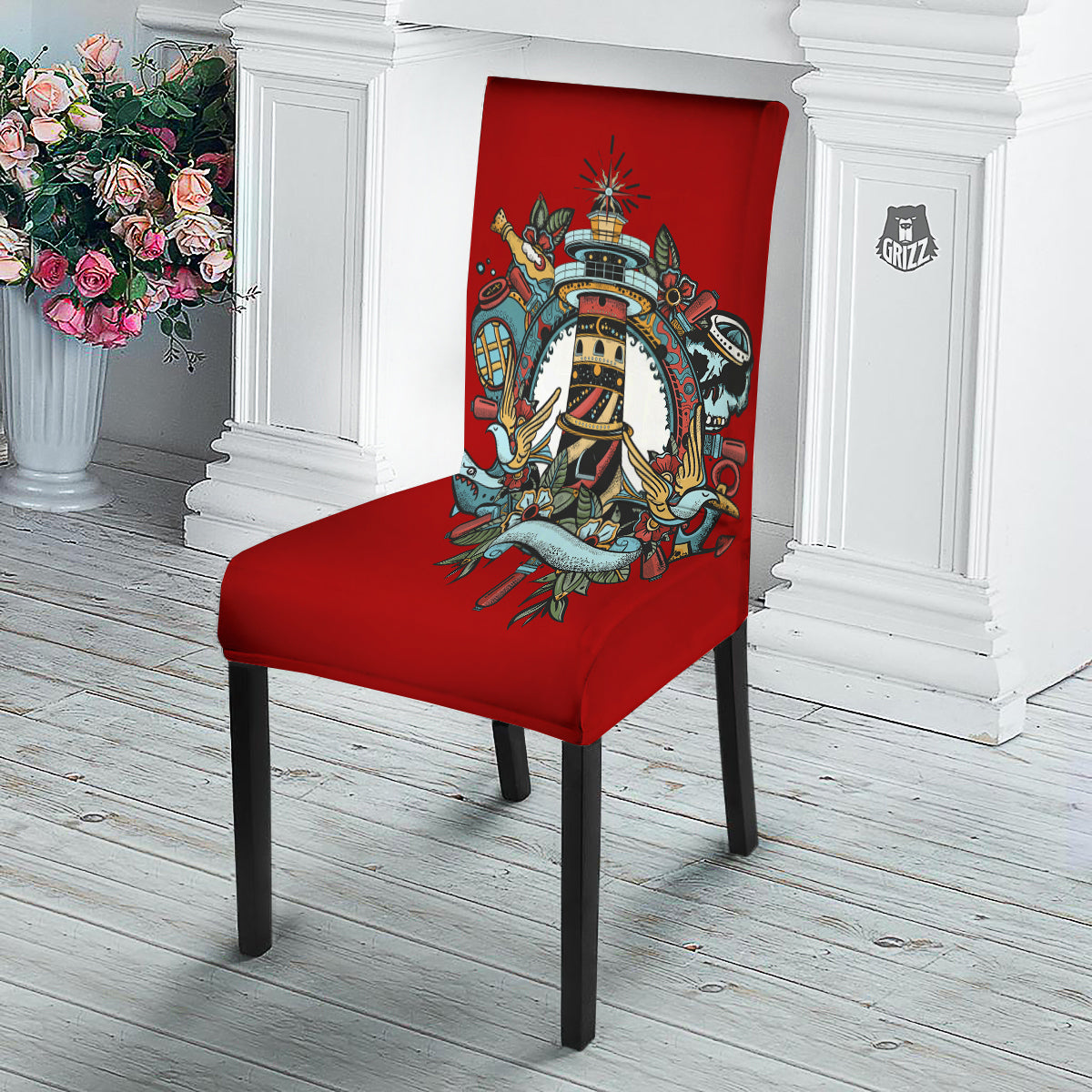 Lighthouse Sea Adventure Tattoo Print Dining Chair Slipcover-grizzshop