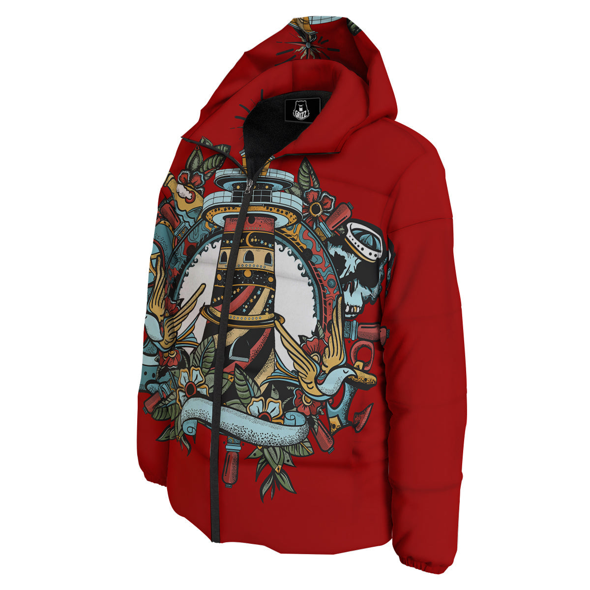 Lighthouse Sea Adventure Tattoo Print Down Jacket-grizzshop