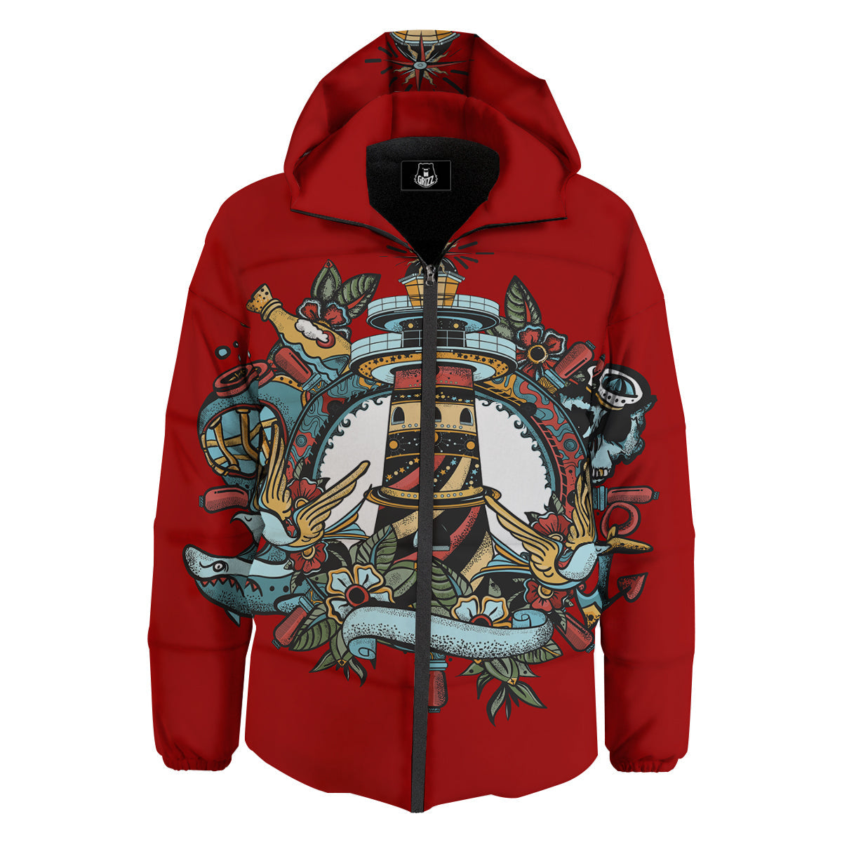 Lighthouse Sea Adventure Tattoo Print Down Jacket-grizzshop