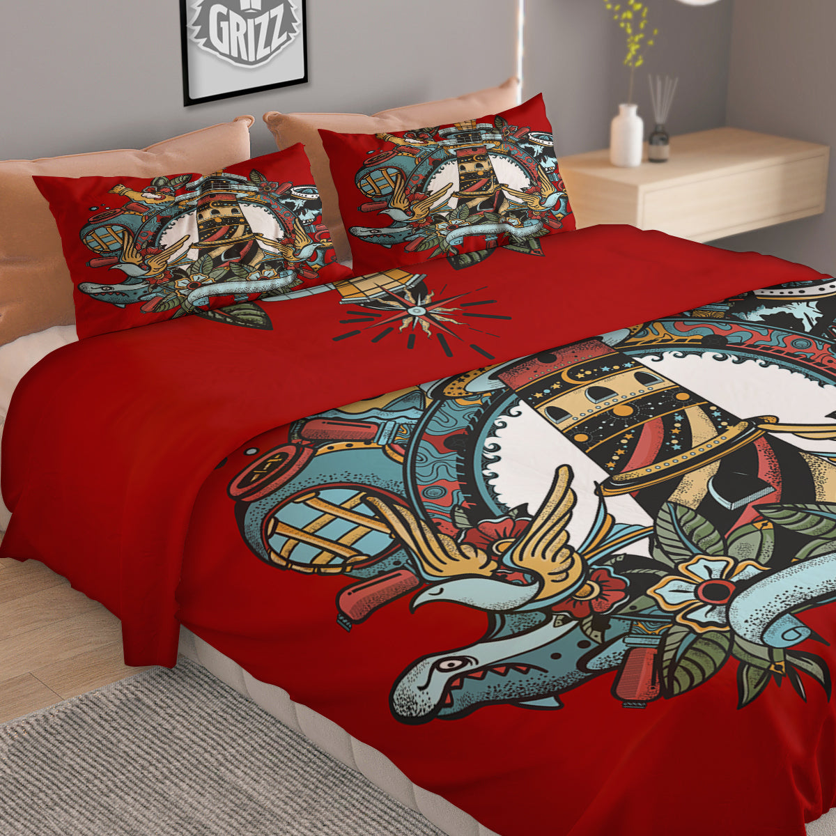 Lighthouse Sea Adventure Tattoo Print Duvet Cover Bedding Set