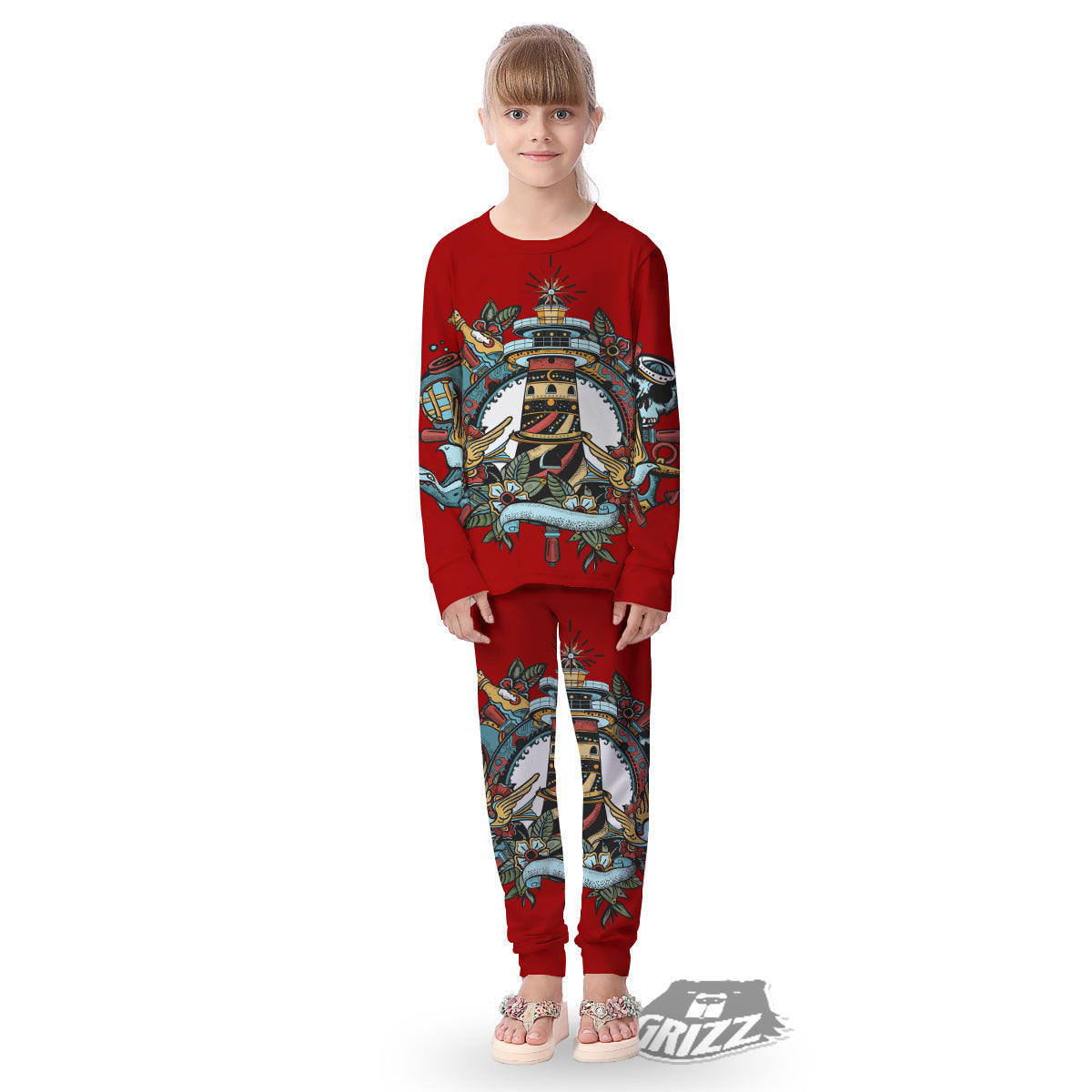 Lighthouse Sea Adventure Tattoo Print Kid's Pajamas-grizzshop