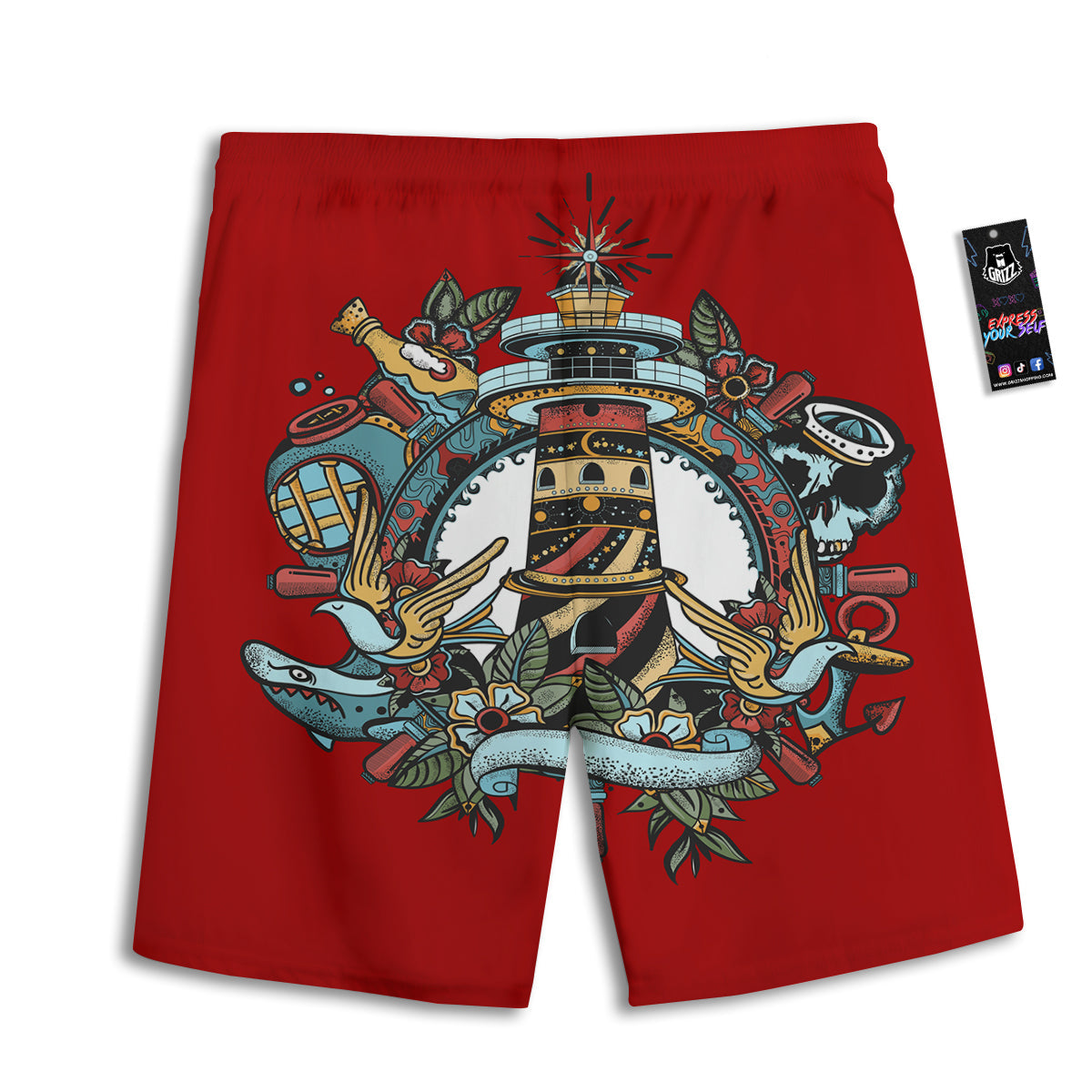 Lighthouse Sea Adventure Tattoo Print Men's Athletic Shorts