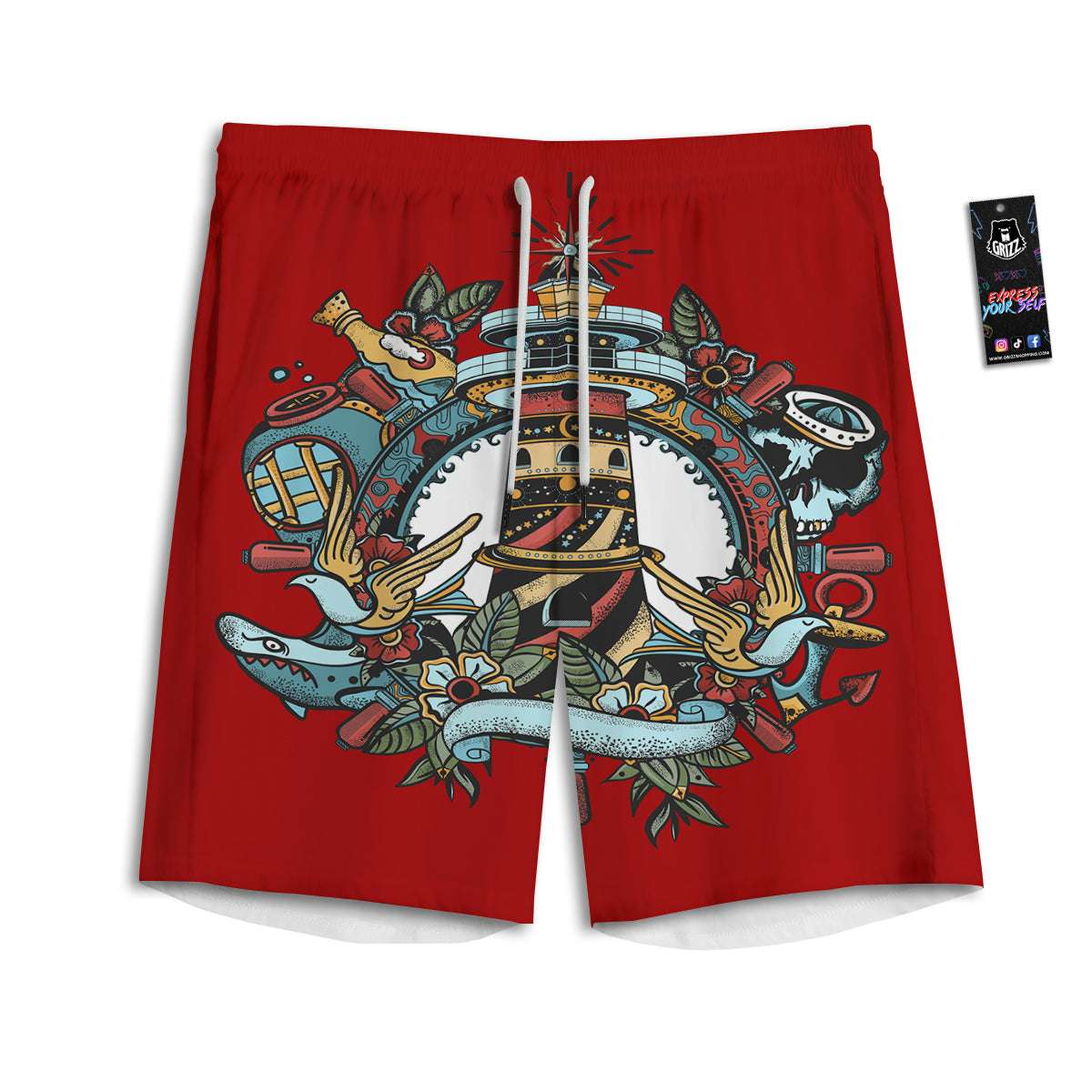 Lighthouse Sea Adventure Tattoo Print Men's Athletic Shorts