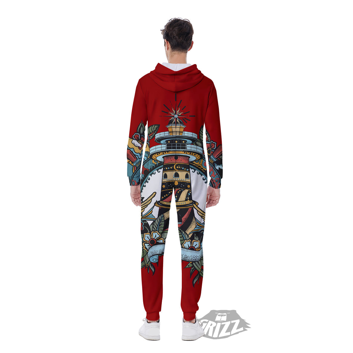 Lighthouse Sea Adventure Tattoo Print Men's Jumpsuit-grizzshop