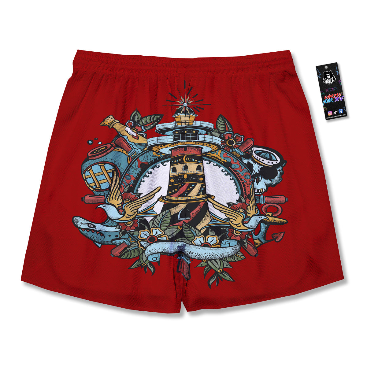 Lighthouse Sea Adventure Tattoo Print Men's Running Shorts-grizzshop