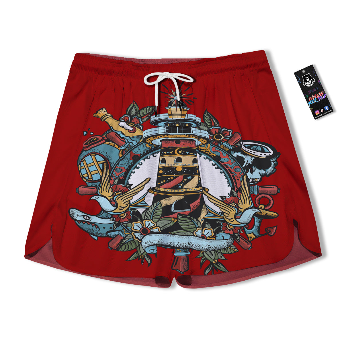 Lighthouse Sea Adventure Tattoo Print Men's Running Shorts-grizzshop