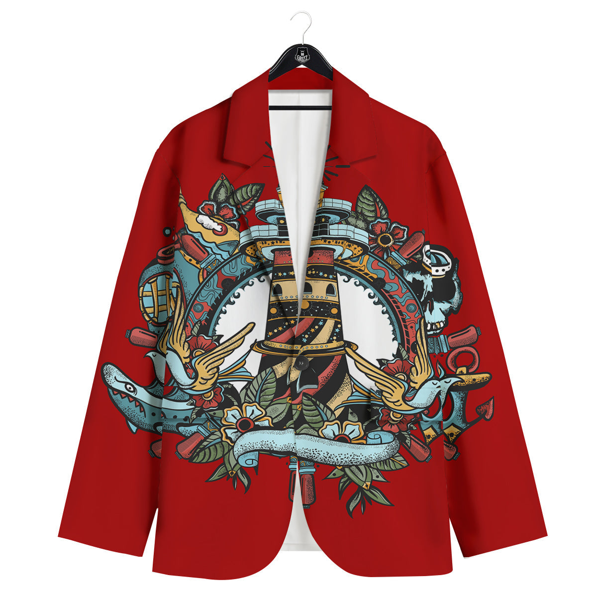Lighthouse Sea Adventure Tattoo Print Men's Sport Coat-grizzshop