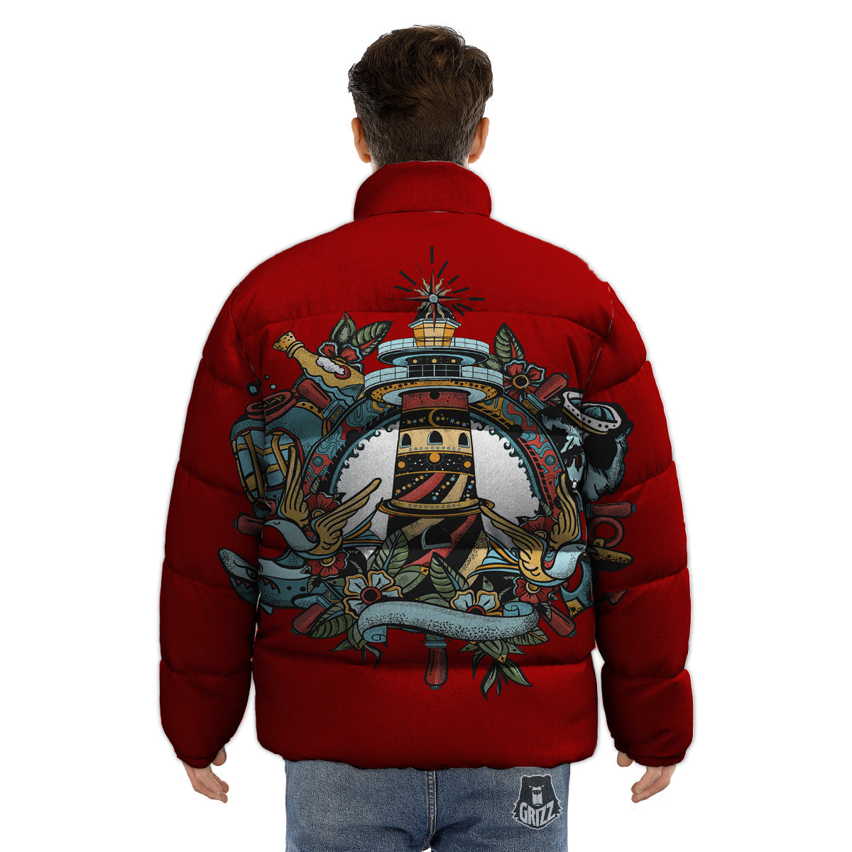 Lighthouse Sea Adventure Tattoo Print Puffer Jacket-grizzshop