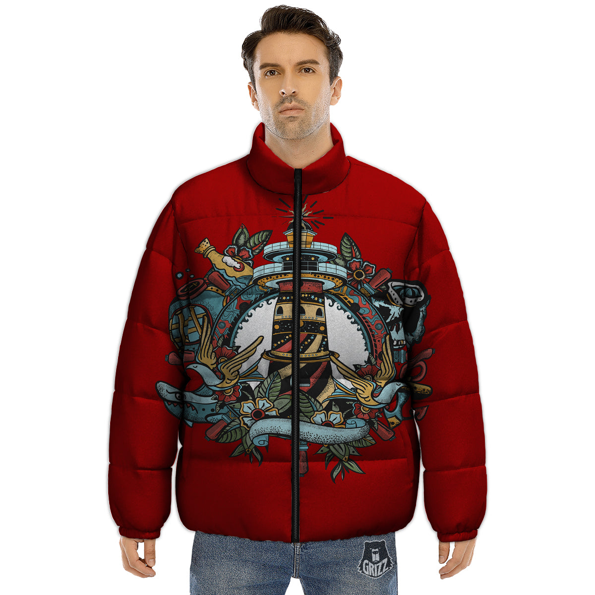 Lighthouse Sea Adventure Tattoo Print Puffer Jacket-grizzshop