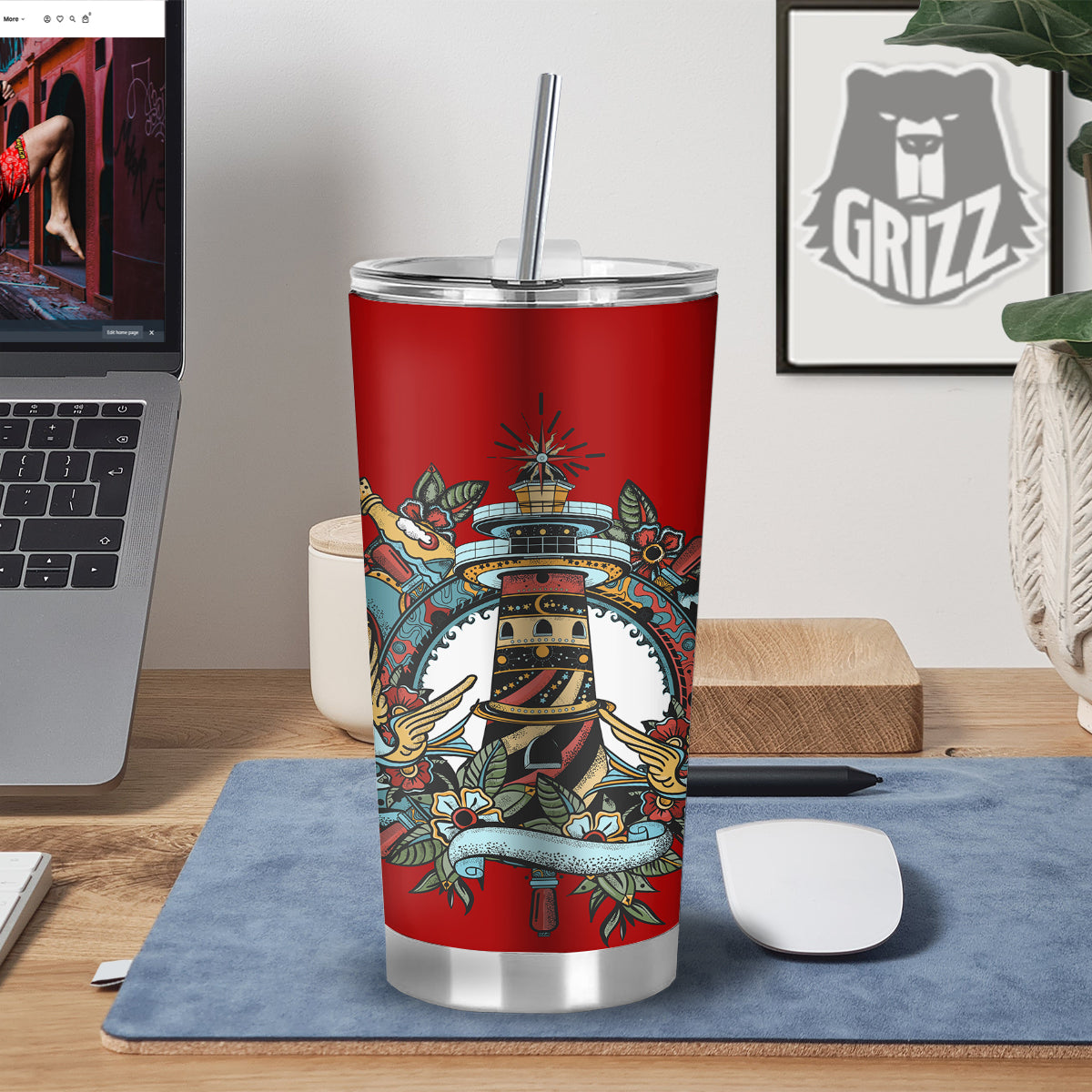 Lighthouse Sea Adventure Tattoo Print Tumbler-grizzshop