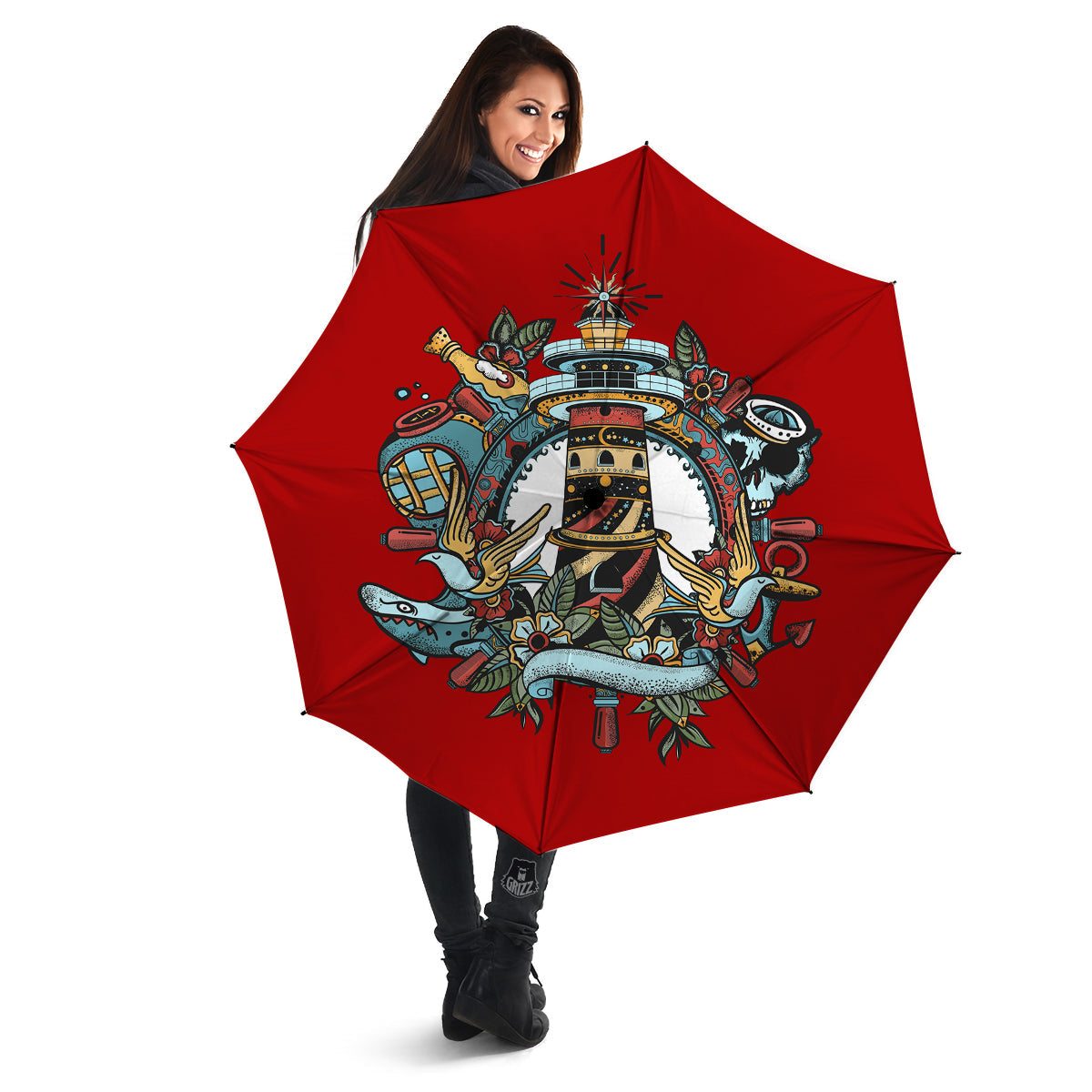 Lighthouse Sea Adventure Tattoo Print Umbrella-grizzshop