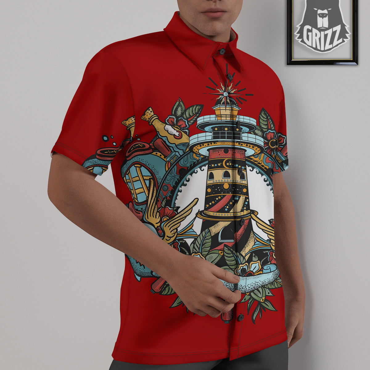 Lighthouse Sea Adventure Tattoo Print Untucked Shirts-grizzshop