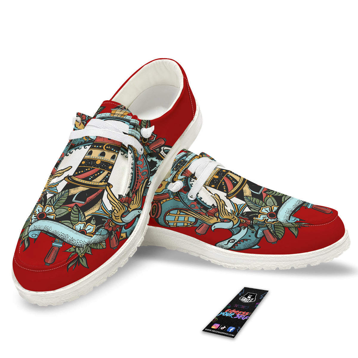 Lighthouse Sea Adventure Tattoo Print White Loafers-grizzshop