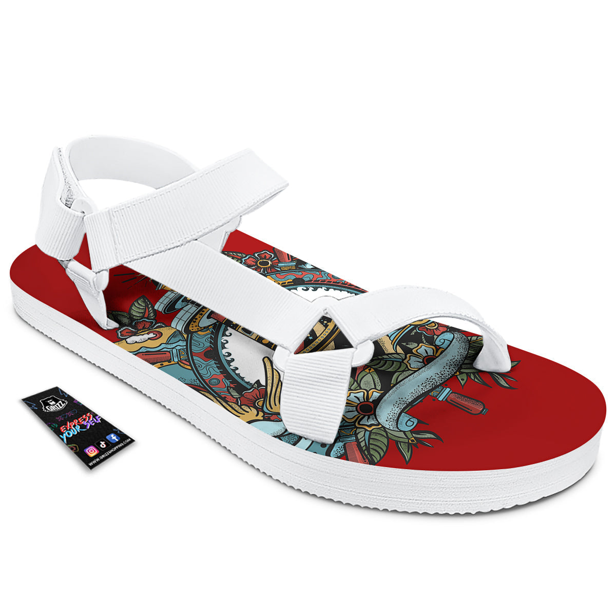 Lighthouse Sea Adventure Tattoo Print White Open Toe Sandals-grizzshop