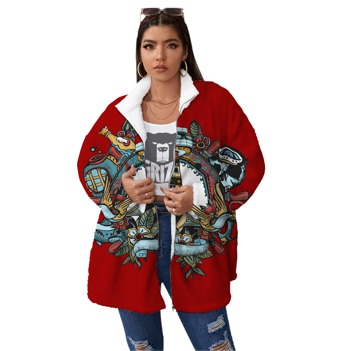 Lighthouse Sea Adventure Tattoo Print Women's Sherpa Jacket-grizzshop