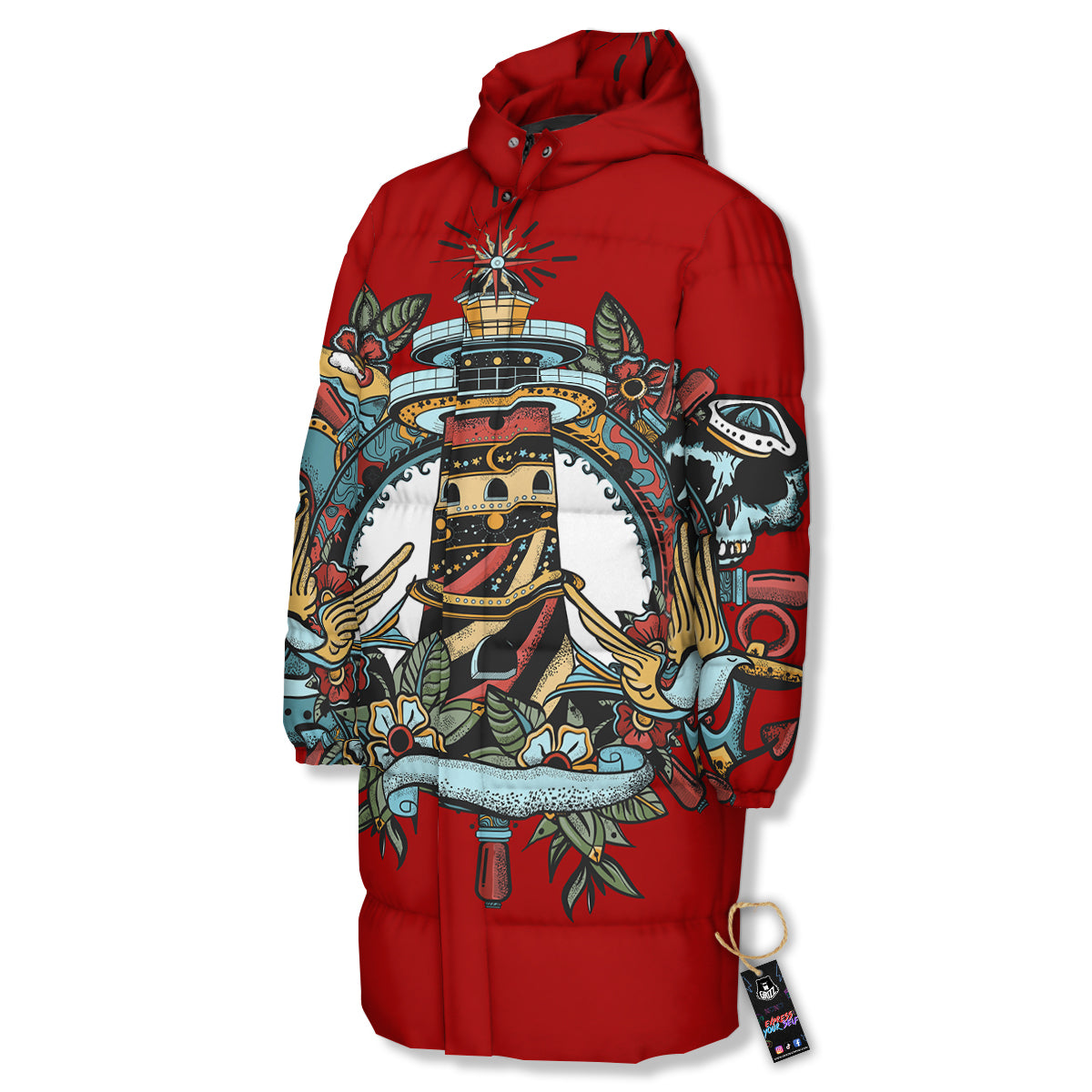 Lighthouse Sea Adventure Tattoo Print Long Down Jacket