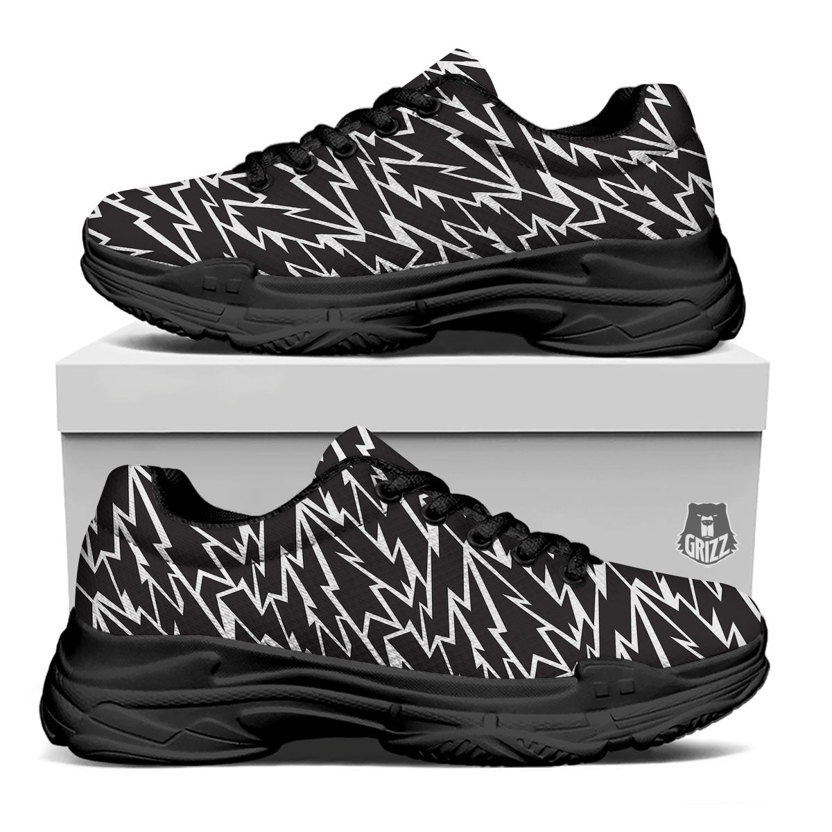 Lightning Black And White Print Pattern Black Chunky Shoes-grizzshop