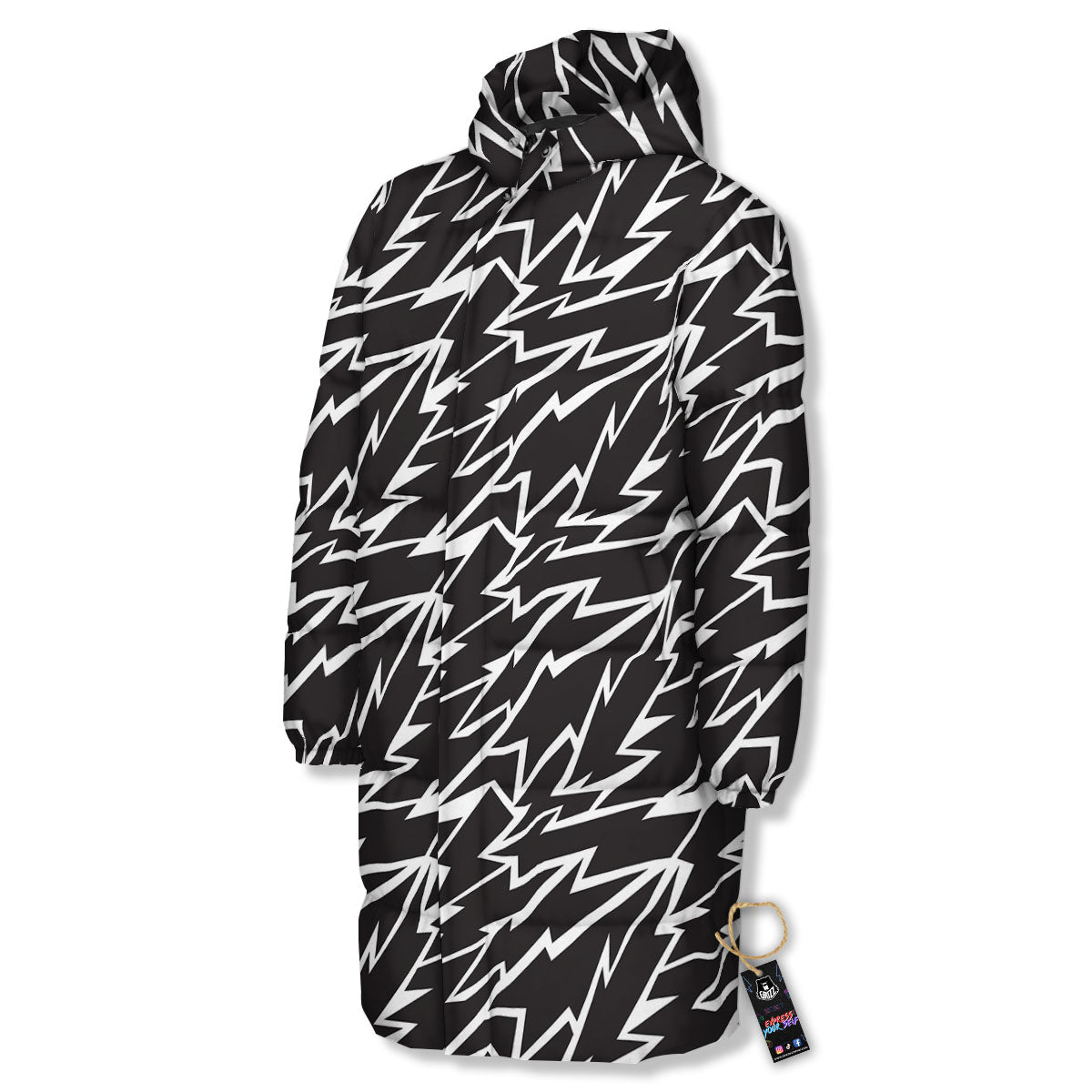 Lightning Black And White Print Pattern Long Down Jacket-grizzshop