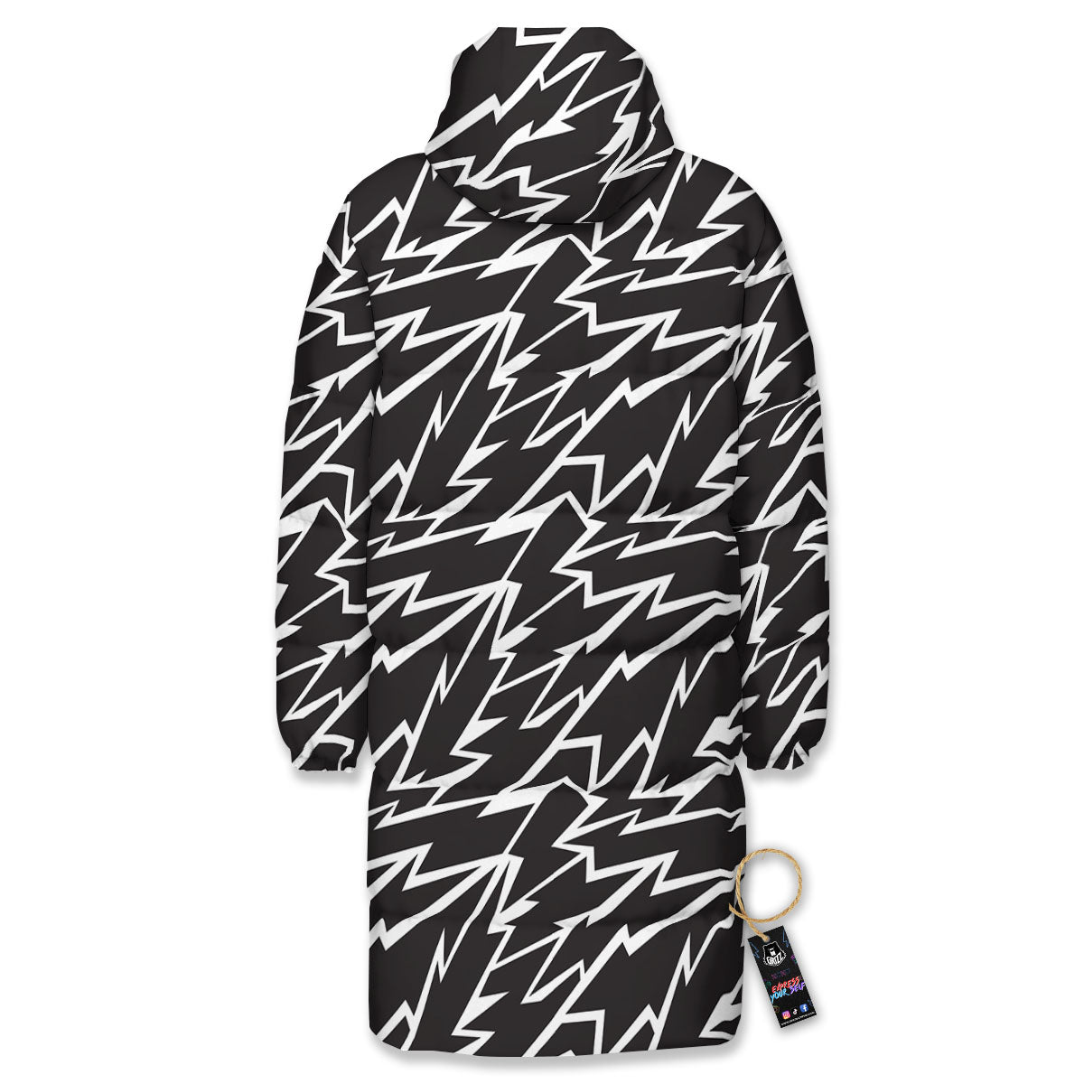 Lightning Black And White Print Pattern Long Down Jacket-grizzshop