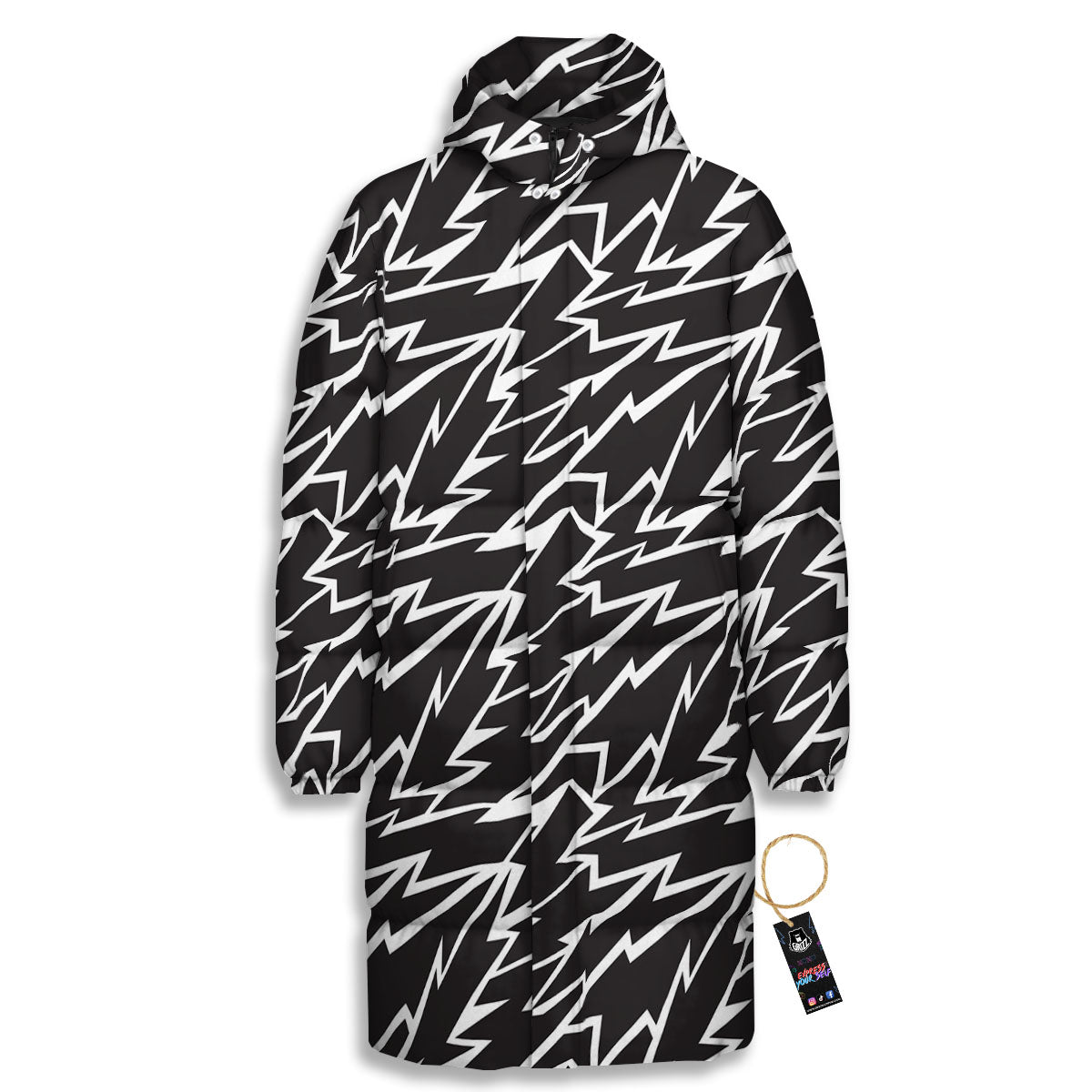 Lightning Black And White Print Pattern Long Down Jacket-grizzshop