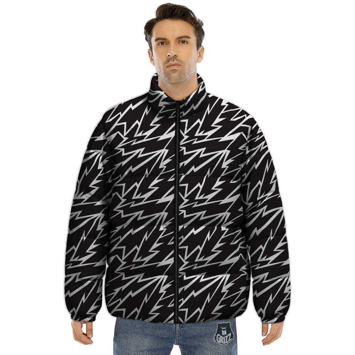 Lightning Black And White Print Pattern Puffer Jacket-grizzshop