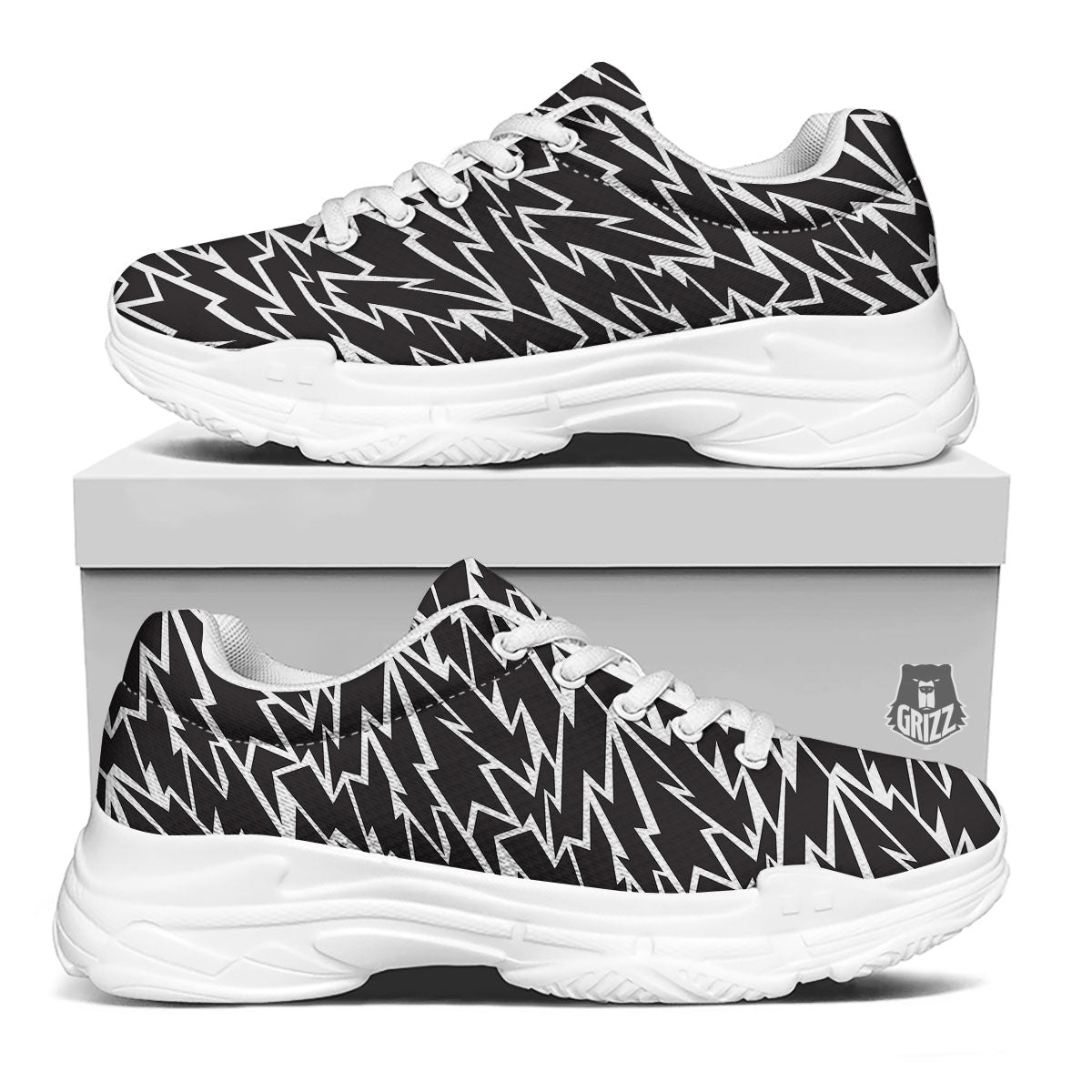 Lightning Black And White Print Pattern White Chunky Shoes-grizzshop
