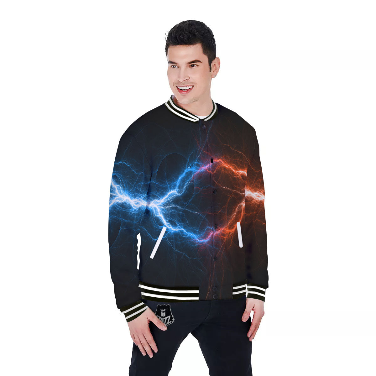 Lightning Blue And Red Print Baseball Jacket-grizzshop