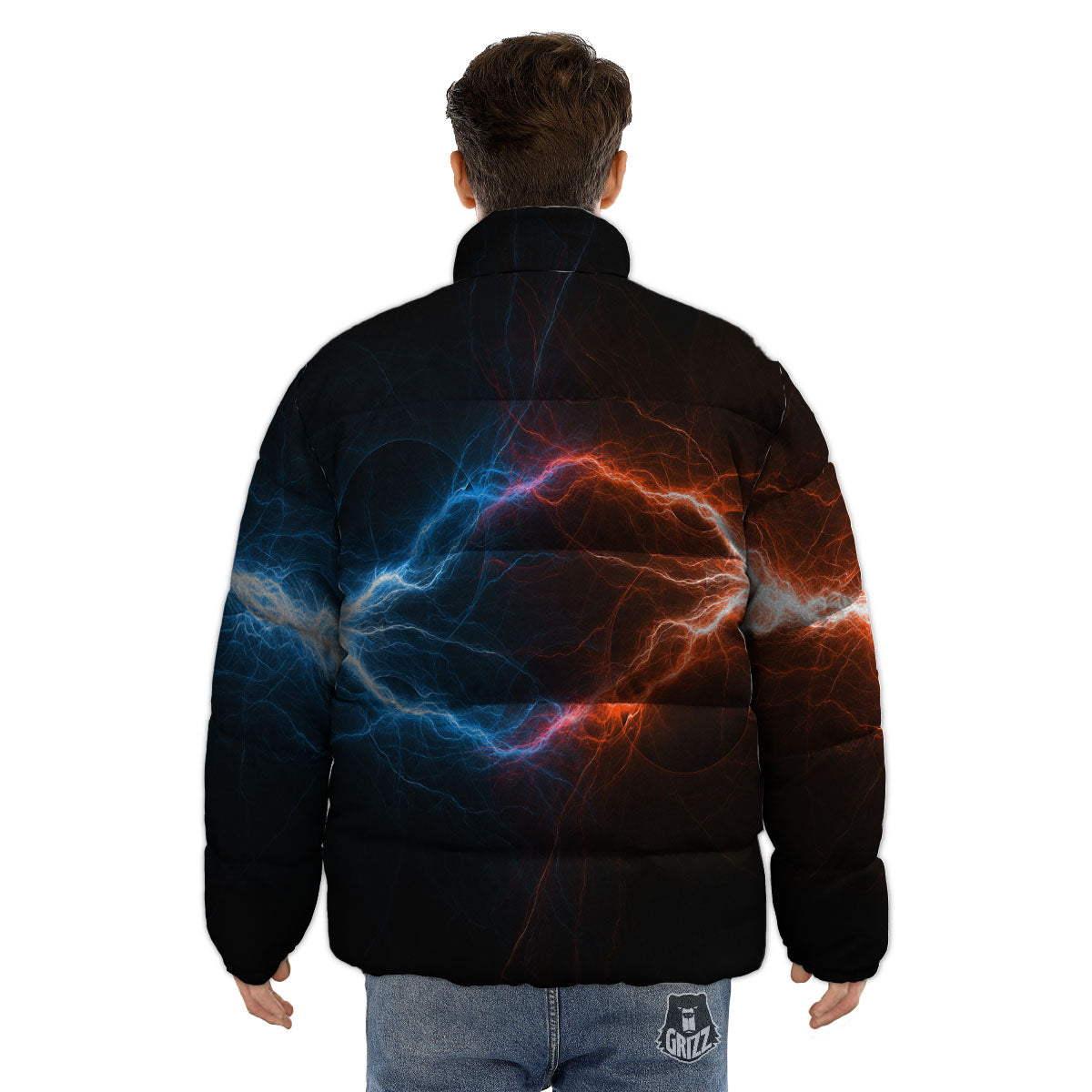 Lightning Blue And Red Print Puffer Jacket-grizzshop
