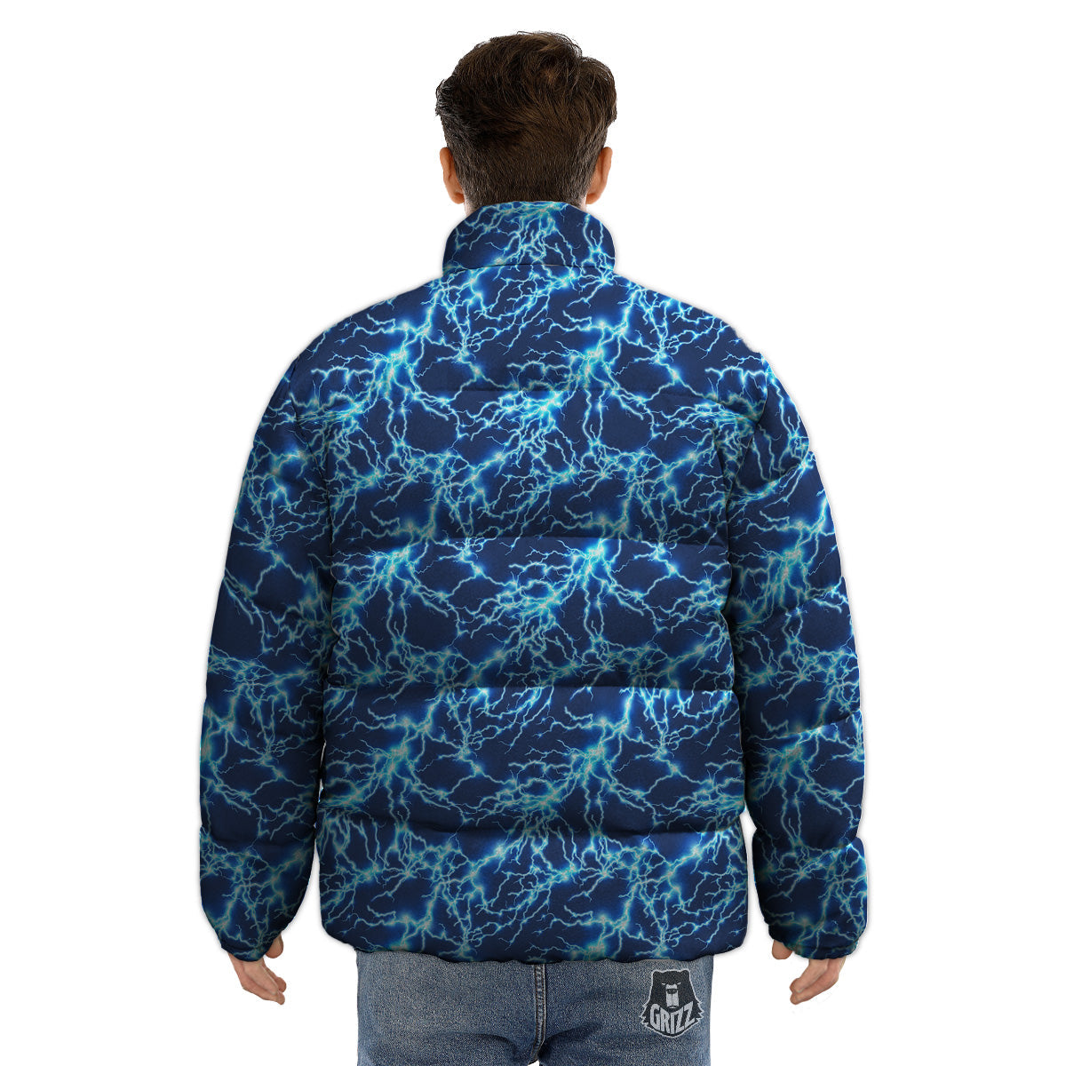 Lightning Blue Electric Print Puffer Jacket-grizzshop