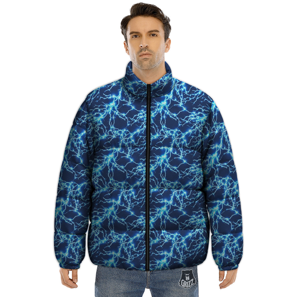 Lightning Blue Electric Print Puffer Jacket-grizzshop