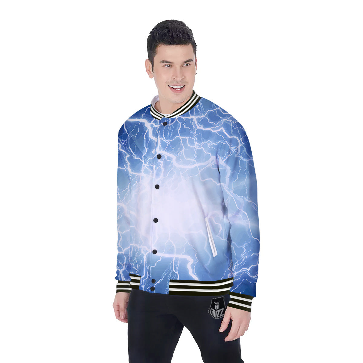 Lightning Blue Print Baseball Jacket-grizzshop
