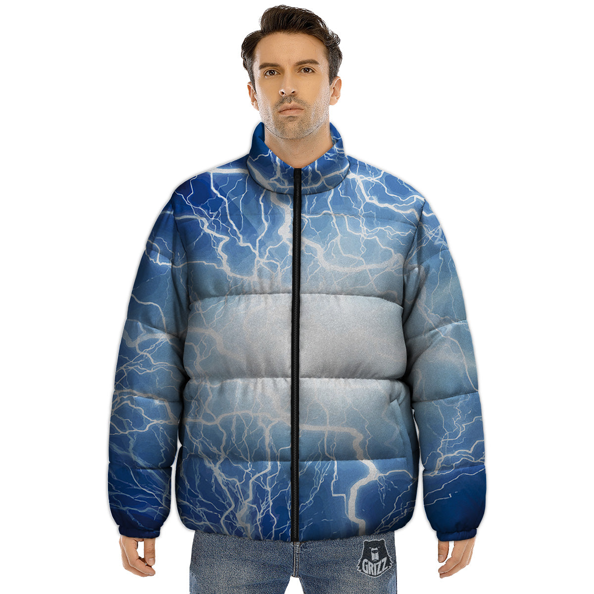 Lightning Blue Print Puffer Jacket-grizzshop