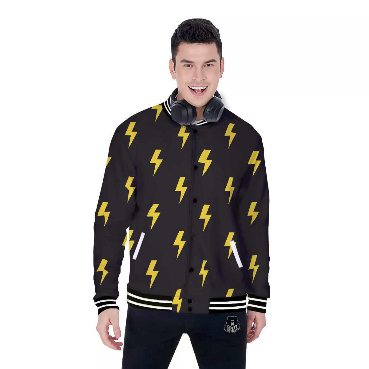 Lightning Bolts Yellow Print Pattern Baseball Jacket-grizzshop