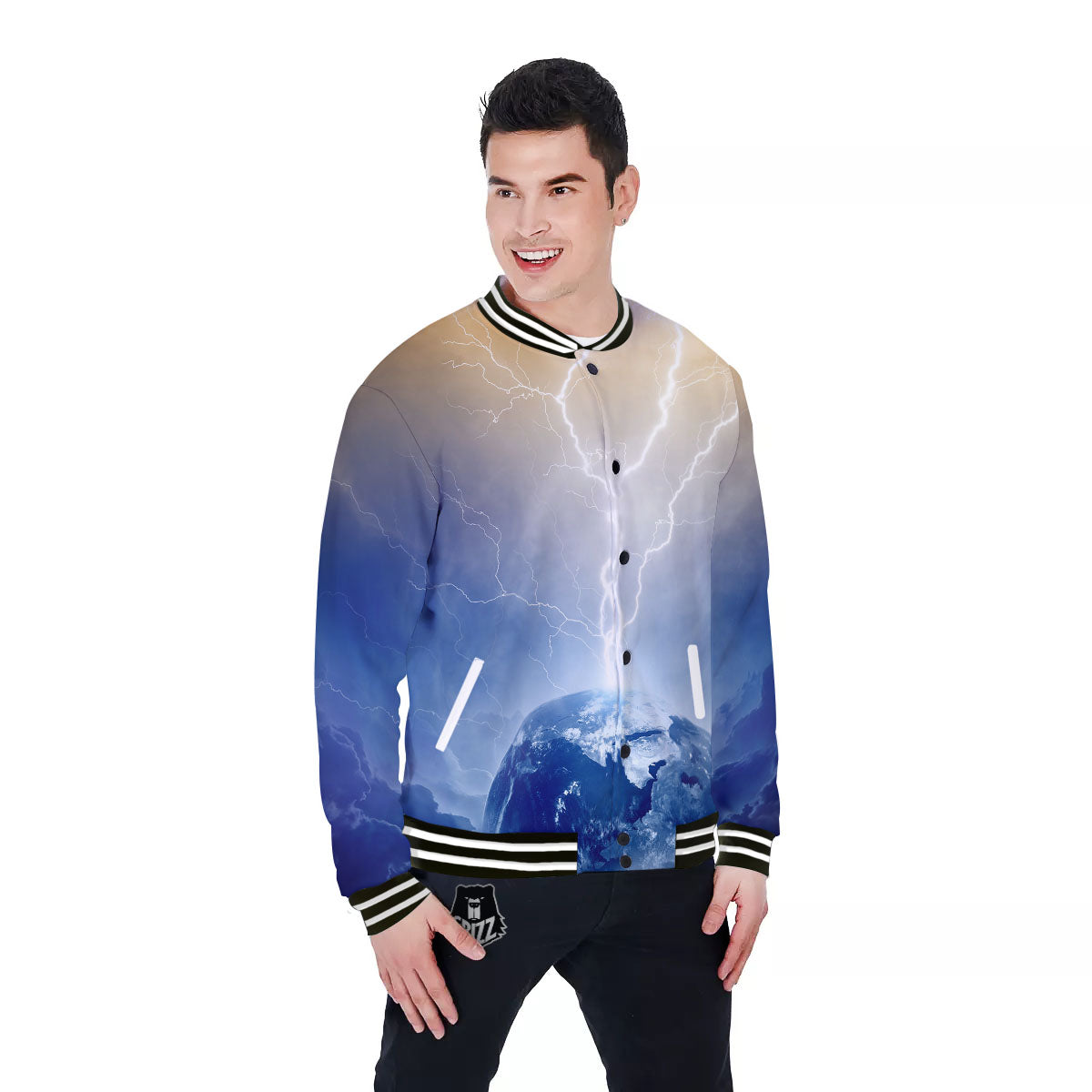Lightning Destroy Planet Earth Print Baseball Jacket-grizzshop